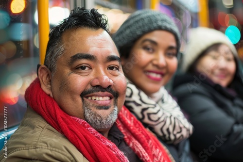 Mature man and woman traveling together in the city by bus.