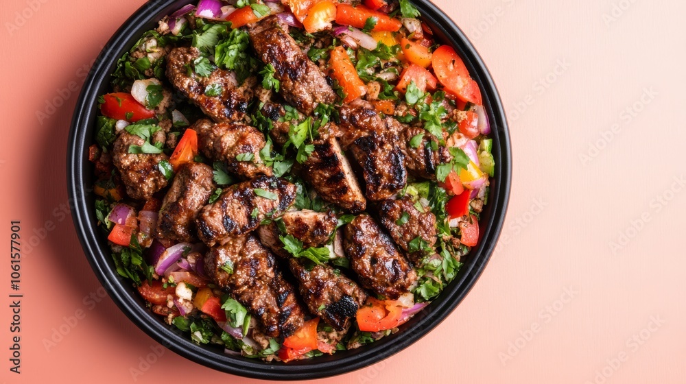 A close-up view of a bowl of grilled meat with chopped bell peppers, onions, and cilantro on a bed of quinoa, photographed on a pink background.