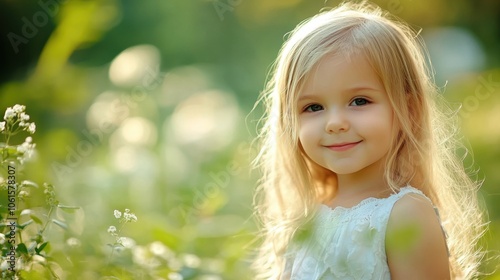 Cute little blonde girl in white dress on grass, playful smile; blurred greenery adds focus on her expression.