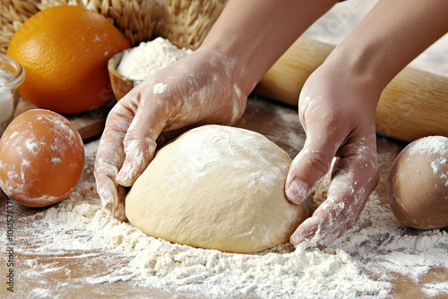 Person kneading dough on table with flour spread around, wooden rolling pin and bowl of ingredients nearby.