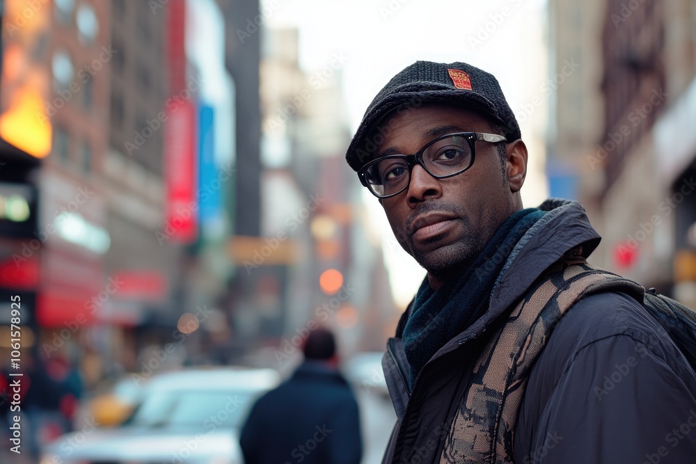 Tourist wearing glasses and cap exploring new york city Tourist wearing glasses and cap exploring new york city