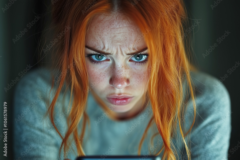 A woman looks at her phone screen with fear and surprise. Negative emotions. Fear of missing out (FOMO). A woman looks at her phone screen with fear and surprise. Negative emotions. Fear of missing out (FOMO).