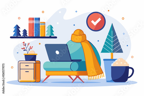 Winter Work from Home Setup with Warm Blanket on white background 