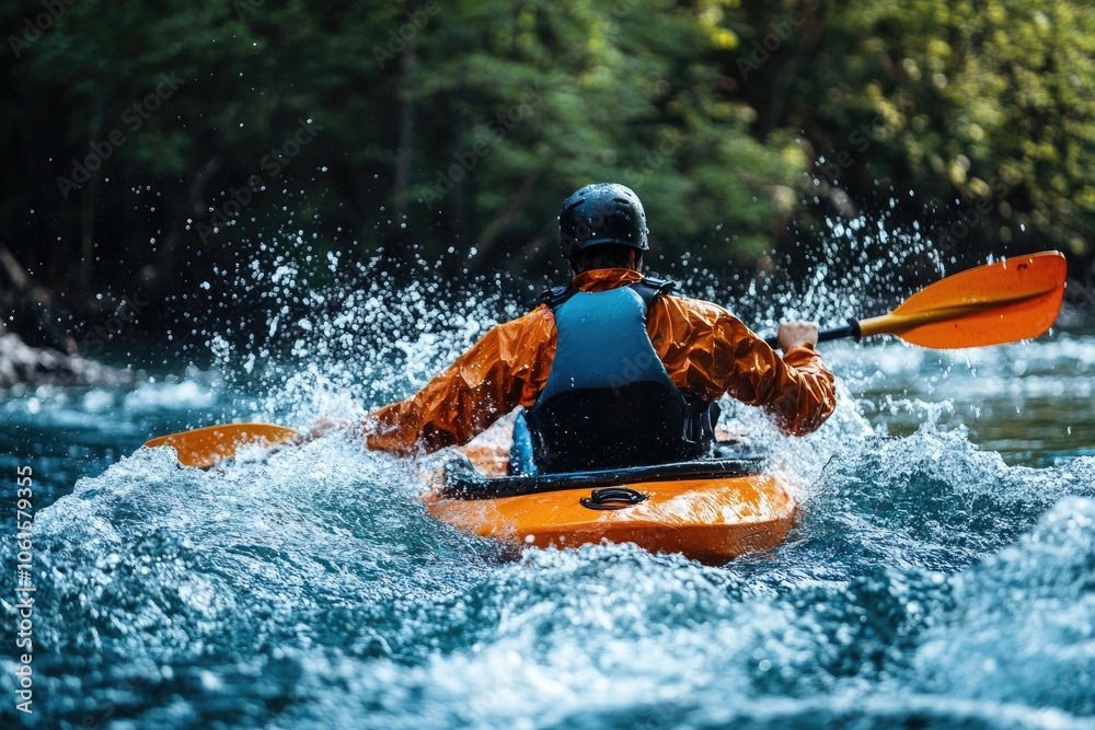 Kayaker paddling through river rapids enjoying extreme water sports Kayaker paddling through river rapids enjoying extreme water sports