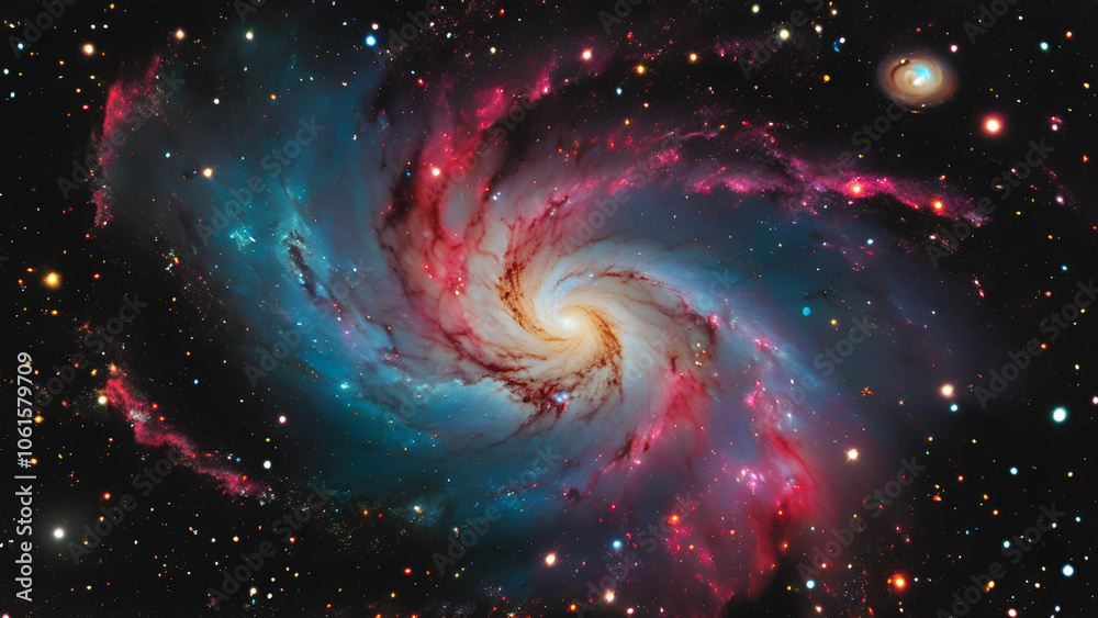 Obraz premium Cosmic Tapestry: A vibrant spiral galaxy, awash in hues of crimson, azure, and gold, dances across the cosmic canvas, a breathtaking testament to the grandeur and mystery of the universe. 
