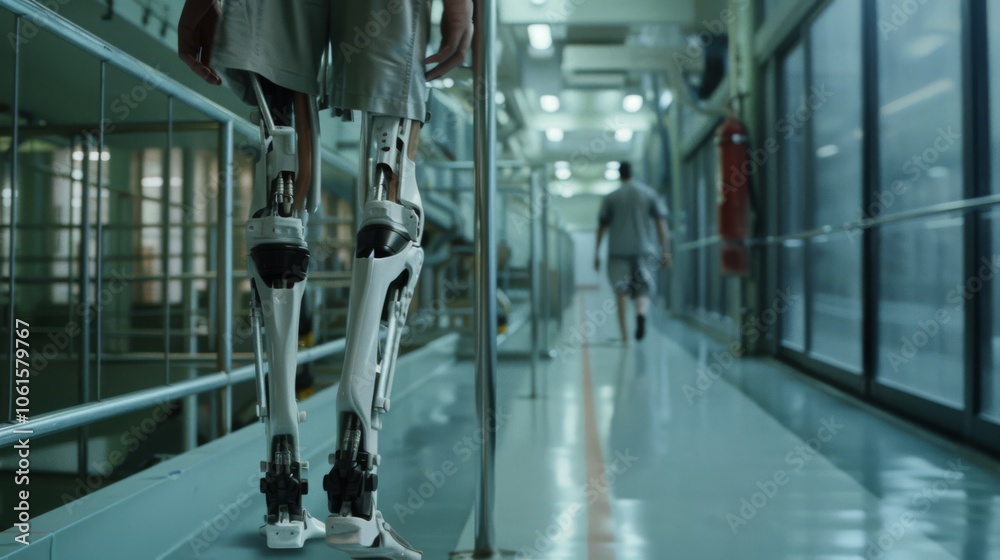 A person with robotic prosthetic legs walks down a long, sterile corridor, blending technology and humanity in a futuristic setting. A person with robotic prosthetic legs walks down a long, sterile corridor, blending technology and humanity in a futuristic setting.