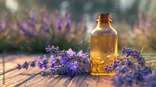  Bottle of Lavender Essential Oil with Fresh Lavender Flowers