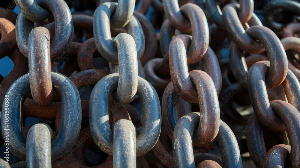 Close-up of weathered metal chains showcasing rustic textures and colors, highlighting the strength and durability of industrial materials. Close-up of weathered metal chains showcasing rustic textures and colors, highlighting the strength and durability of industrial materials.