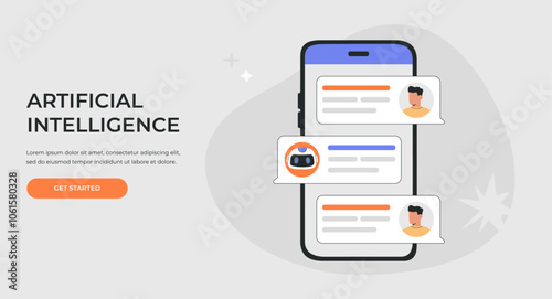 Communication with AI chat bot and FAQ concept, big smartphone and speech bubbles, dialog between Artificial Intelligence and human customer. Flat vector illustration for landing page, web site banner