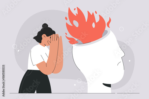 Tired, burnout woman feels negative emotions, covers face with hands. Stress, depression and anxiety. Annoyed with mental health problems, nervous breakdown concept, flat vector graphic illustration