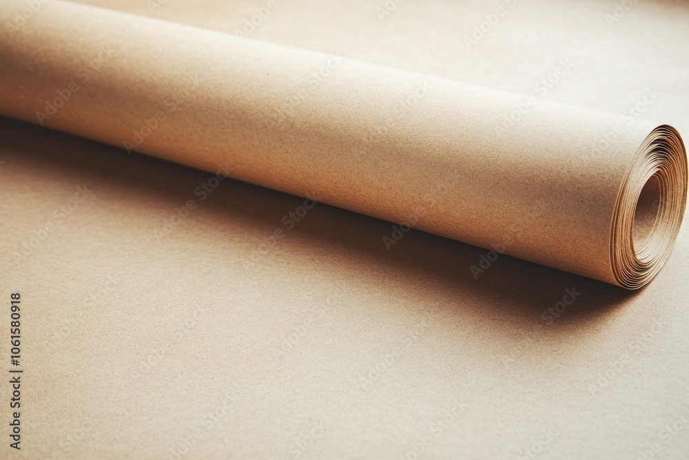 A rolled sheet of brown kraft paper on a flat surface, ideal for wrapping or crafting. A rolled sheet of brown kraft paper on a flat surface, ideal for wrapping or crafting.