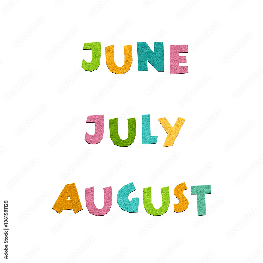Lettering word June, July, August. Paper cut letters. Summer decorative element for banners, posters, Cards. Lettering word June, July, August. Paper cut letters. Summer decorative element for banners, posters, Cards.