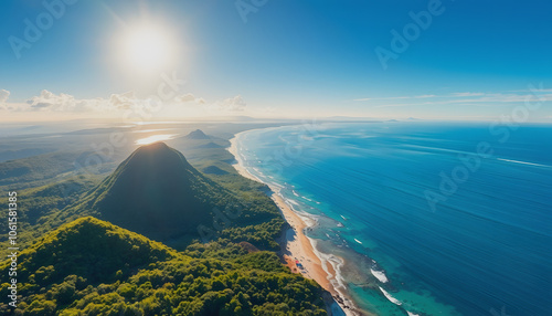 Aerial view backwards over the coast of Flamingo Guanacaste, sunny Costa Rica isolated with white shades, png