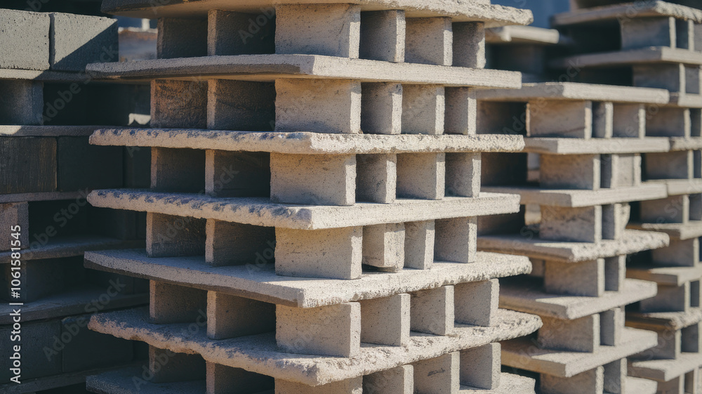 Close-up of stacked concrete blocks in a construction site, showcasing their rugged texture and sturdy design. Close-up of stacked concrete blocks in a construction site, showcasing their rugged texture and sturdy design.