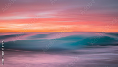 Dreamy Seascape: Abstract long exposure photograph of the ocean at sunrise, capturing the vibrant hues of the sky and the gentle motion of the waves in a mesmerizing display of nature's artistry. 