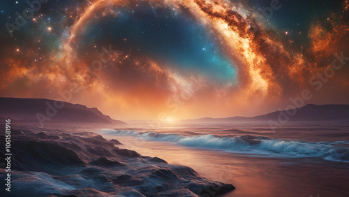 Cosmic Ocean Sunset: A mesmerizing cosmic sunset over a tranquil ocean, casting an ethereal glow on the rocky shoreline. The celestial spectacle features a swirling nebula of vibrant colors.