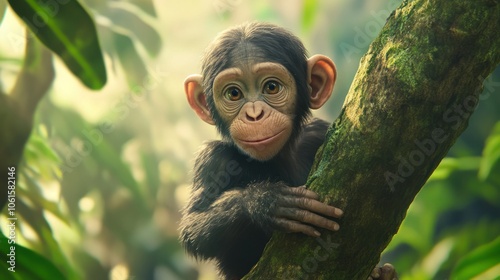 Adorable baby chimpanzee climbing a tree branch, with dense jungle greenery in the background photo