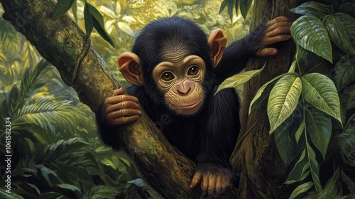 Adorable baby chimpanzee climbing a tree branch, with dense jungle greenery in the background photo