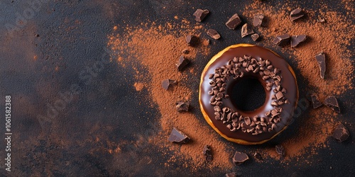 Indulgent Doughnut Delight. Decadent Chocolate Glaze Doughnut with Scattered Cocoa Powder on Dark Concrete Background