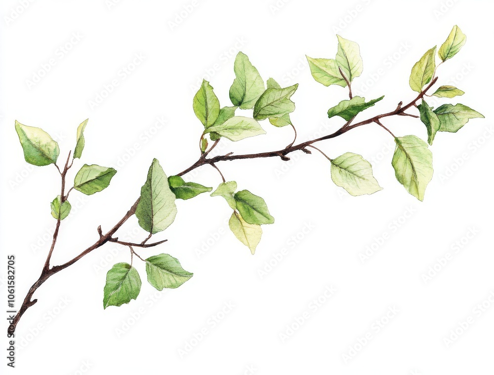 Fototapeta premium Watercolor Painting of a Branch with Green Leaves - Botanical Illustration