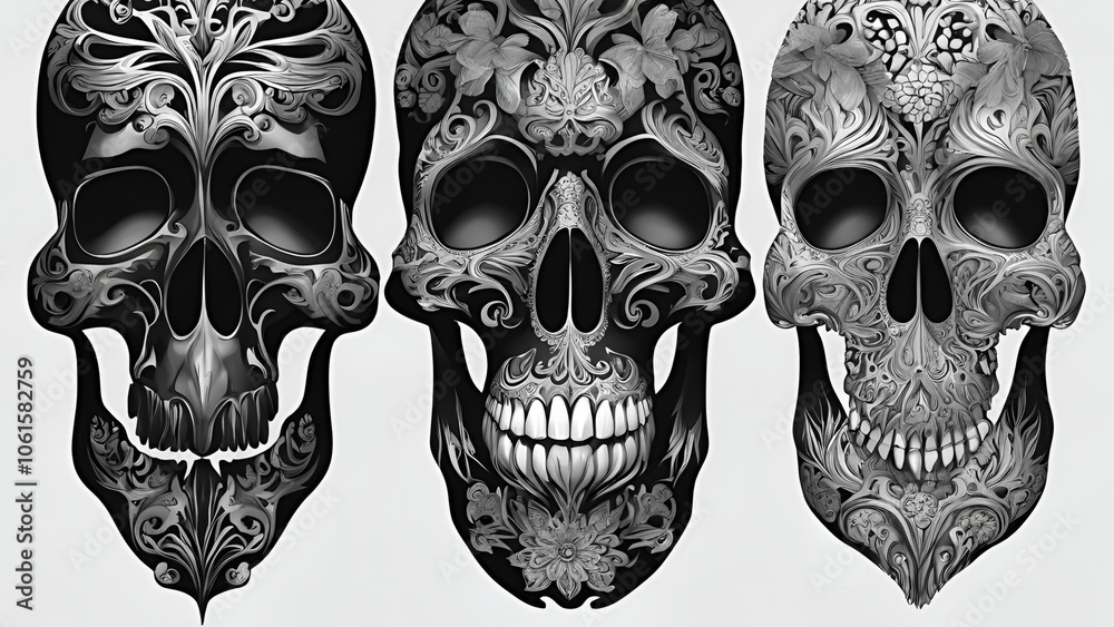 Naklejka premium Sugar Skull Triptych: Intricate, ornate sugar skulls in grayscale, a trio of artistic death imagery. A captivating display for Day of the Dead or artistic projects. 