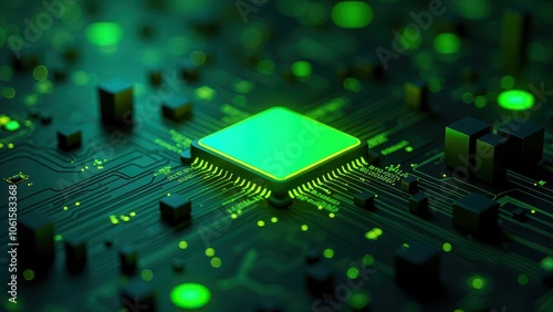 Close-up of glowing green microchip on circuit board technology 