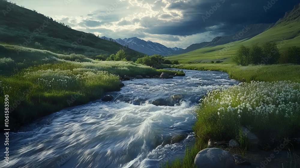 Fototapeta premium A time-lapse view of a river flowing, capturing the essence of natural time cycles.