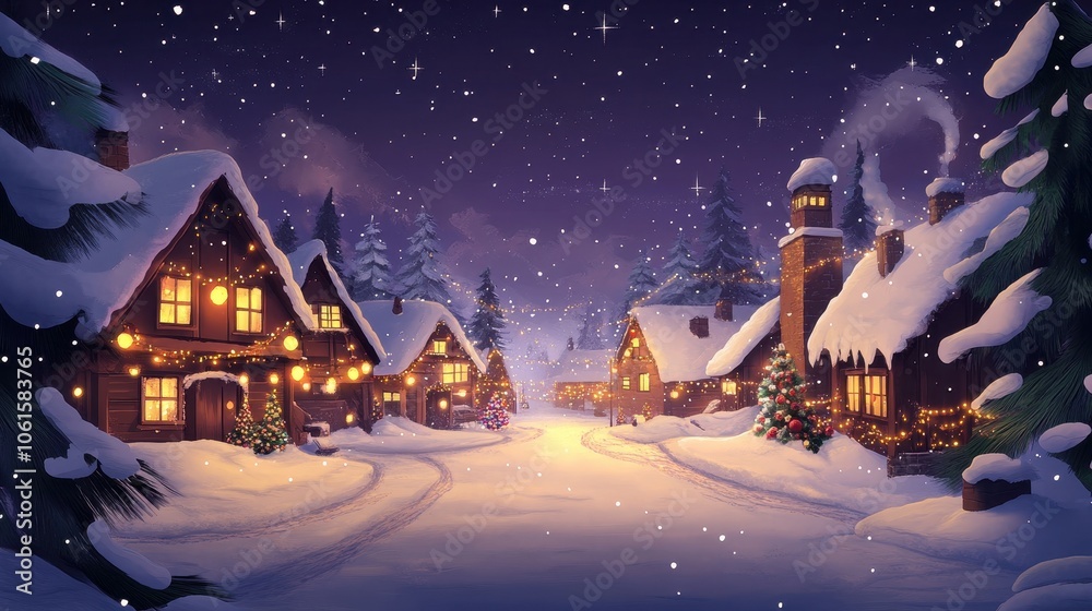 Fototapeta premium A snowy Christmas village at night, lit with warm lights and decorated with snow-covered trees.