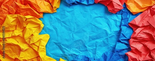 Wallpaper Mural A vibrant arrangement of crumpled paper in orange, yellow, and red framing a blue center. Torontodigital.ca