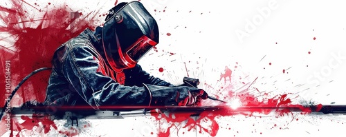 Illustration of a welder with vibrant colors, representing strength and craftsmanship in industrial work. Free copy space for text.