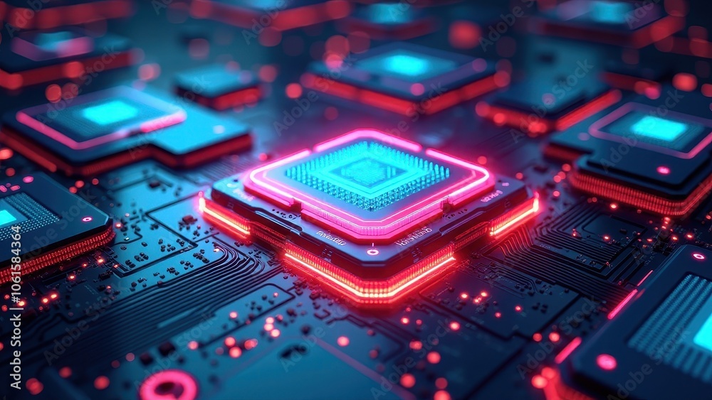 Close-up of glowing red and blue microchips on a circuit board	
