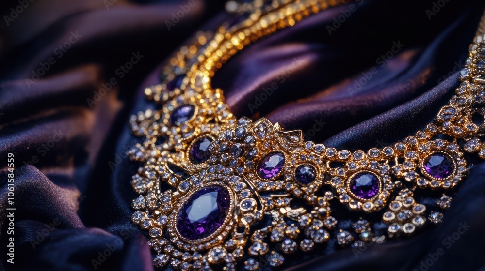 Fototapeta premium a luxury jewelry piece, featuring an intricately designed gold necklace with sparkling gemstones, elegantly displayed