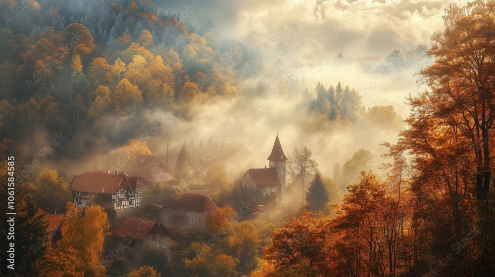 Fototapeta premium Autumn scene with misty fog colorful forest sunrise