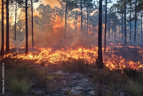 Forest engulfed in flames during a controlled burn at sunset in a pine grove. Generative AI photo