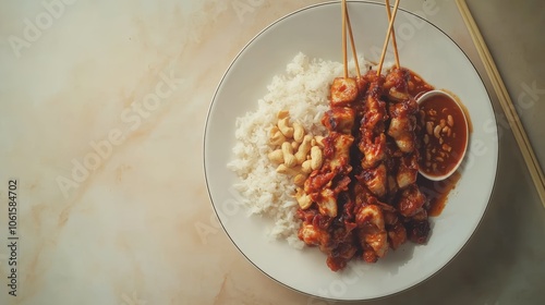 A plate of grilled chicken skewers with rice, cashews, and a side of peanut sauce. photo