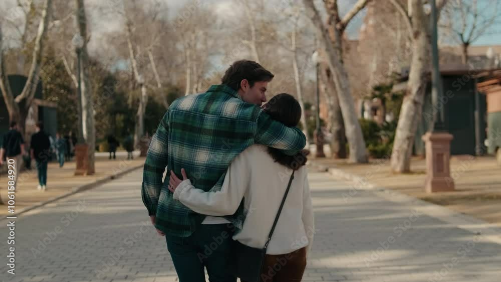 Young loving couple meet on the street, hug and kiss, back view Young loving couple meet on the street, hug and kiss, back view