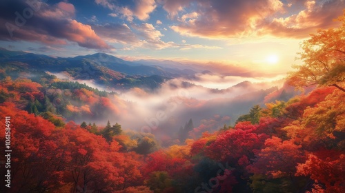 Autumn scene with misty fog colorful forest sunrise