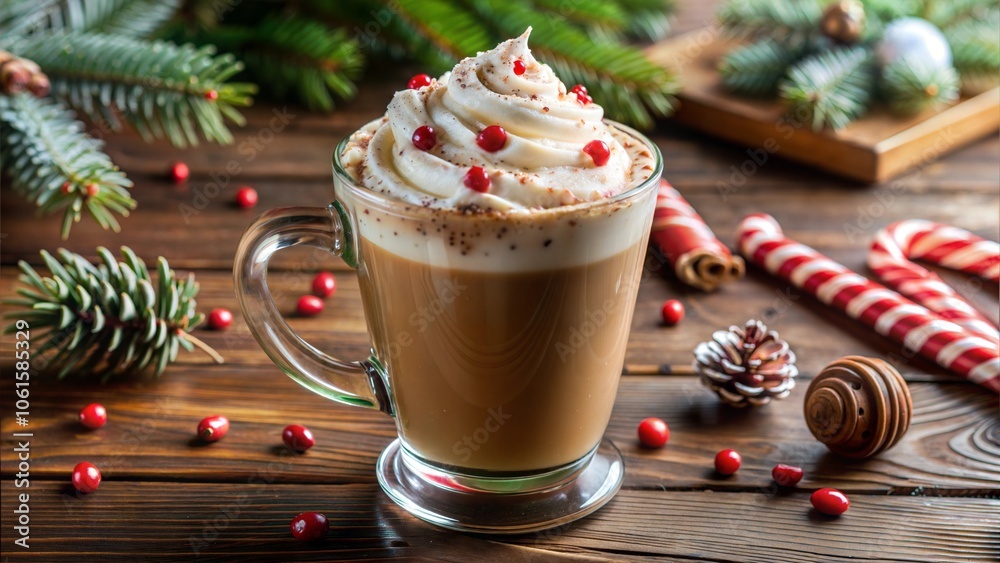 Peppermint Mocha Coffee in a Festive Mood on a Rustic Wooden Table Peppermint Mocha Coffee in a Festive Mood on a Rustic Wooden Table