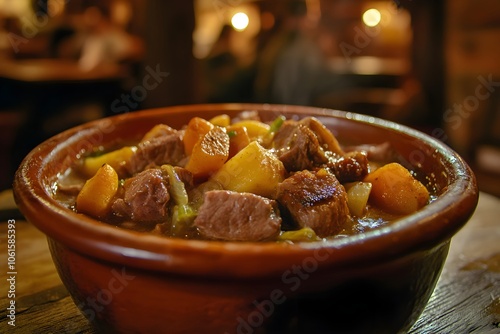 Close-up of Hochepot, a hearty mixed-meat stew with pork, beef, and root vegetables in a rustic terracotta bowl on a wooden table. A blurred Flemish tavern background adds warmth photo