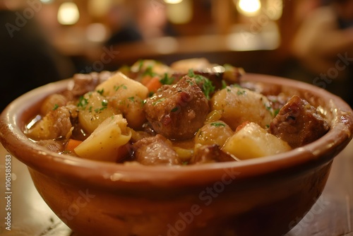 Close-up of Hochepot, a hearty mixed-meat stew with pork, beef, and root vegetables in a rustic terracotta bowl on a wooden table. A blurred Flemish tavern background adds warmth photo