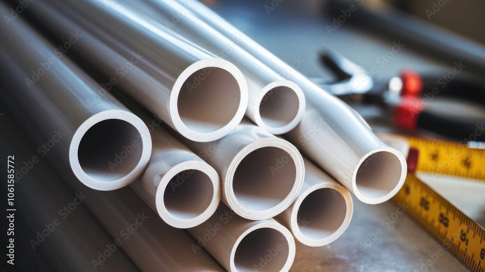 A collection of white plastic pipes arranged on a work surface, with a pair of scissors and a measuring tape nearby, suggesting a DIY project or construction work. A collection of white plastic pipes arranged on a work surface, with a pair of scissors and a measuring tape nearby, suggesting a DIY project or construction work.