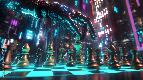 A robotic hand playing chess in a futuristic city.