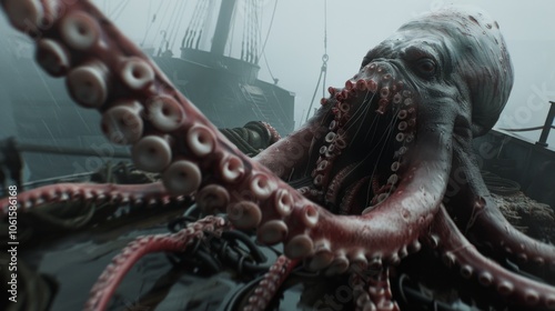 A colossal sea creature’s tentacles entwine around a ship in thick fog, creating a scene of maritime mystery and ancient unease.