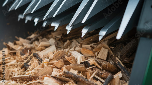 Close-up of sharp metal blades in a wood chipper processing logs, showcasing the vibrant textures of wood shavings and splinters. photo
