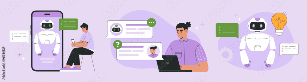 AI chat bot helps people to brainstorm and find solutions and answers set, customers using virtual help for business, human assistant generate ideas set. Flat vector illustration, isolated background AI chat bot helps people to brainstorm and find solutions and answers set, customers using virtual help for business, human assistant generate ideas set. Flat vector illustration, isolated background