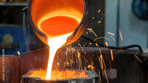 Molten metal being poured from a crucible in a workshop, showcasing the vibrant orange glow and sparks that illuminate the industrial setting.