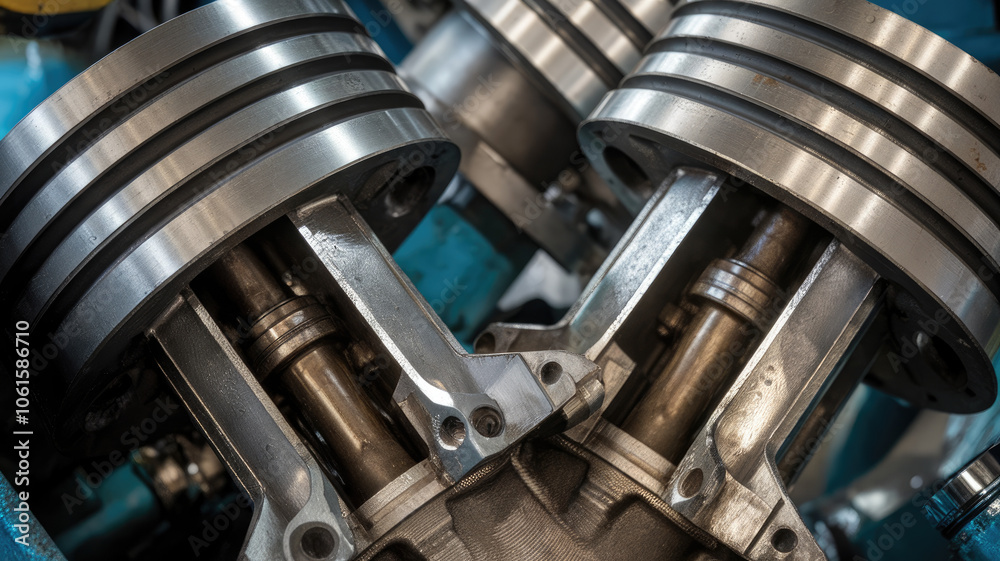 Close-up of an industrial engine showcasing metal pistons and rods, emphasizing precision engineering and robust mechanical design. Close-up of an industrial engine showcasing metal pistons and rods, emphasizing precision engineering and robust mechanical design.