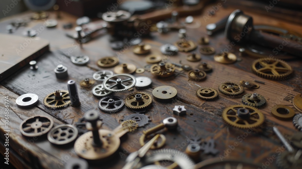 A close-up of scattered gears on a craftsman's wooden workbench, reflecting the intricate beauty and complexity of mechanical craftsmanship. A close-up of scattered gears on a craftsman's wooden workbench, reflecting the intricate beauty and complexity of mechanical craftsmanship.