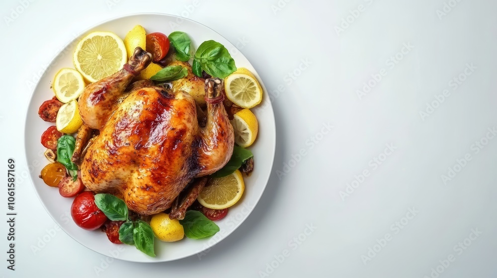 A roasted whole chicken with lemon slices, cherry tomatoes, and basil leaves on a white plate. A roasted whole chicken with lemon slices, cherry tomatoes, and basil leaves on a white plate.