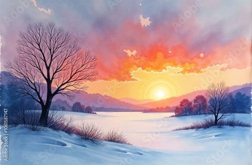 Winter forest landscape, the sun is shining, sunset, trees are standing in the snow